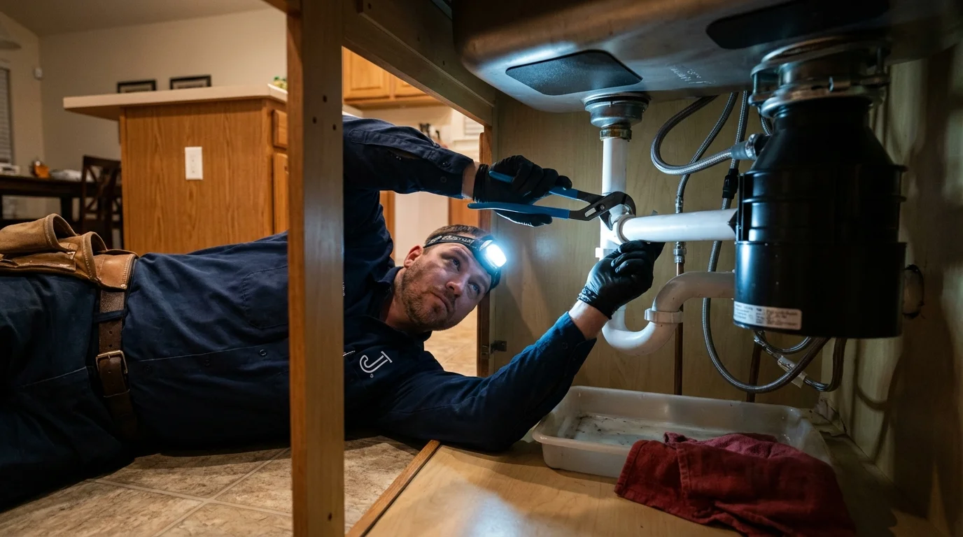 P-trap and supply line connections under a kitchen sink showing a common leak point in Johnston, RI